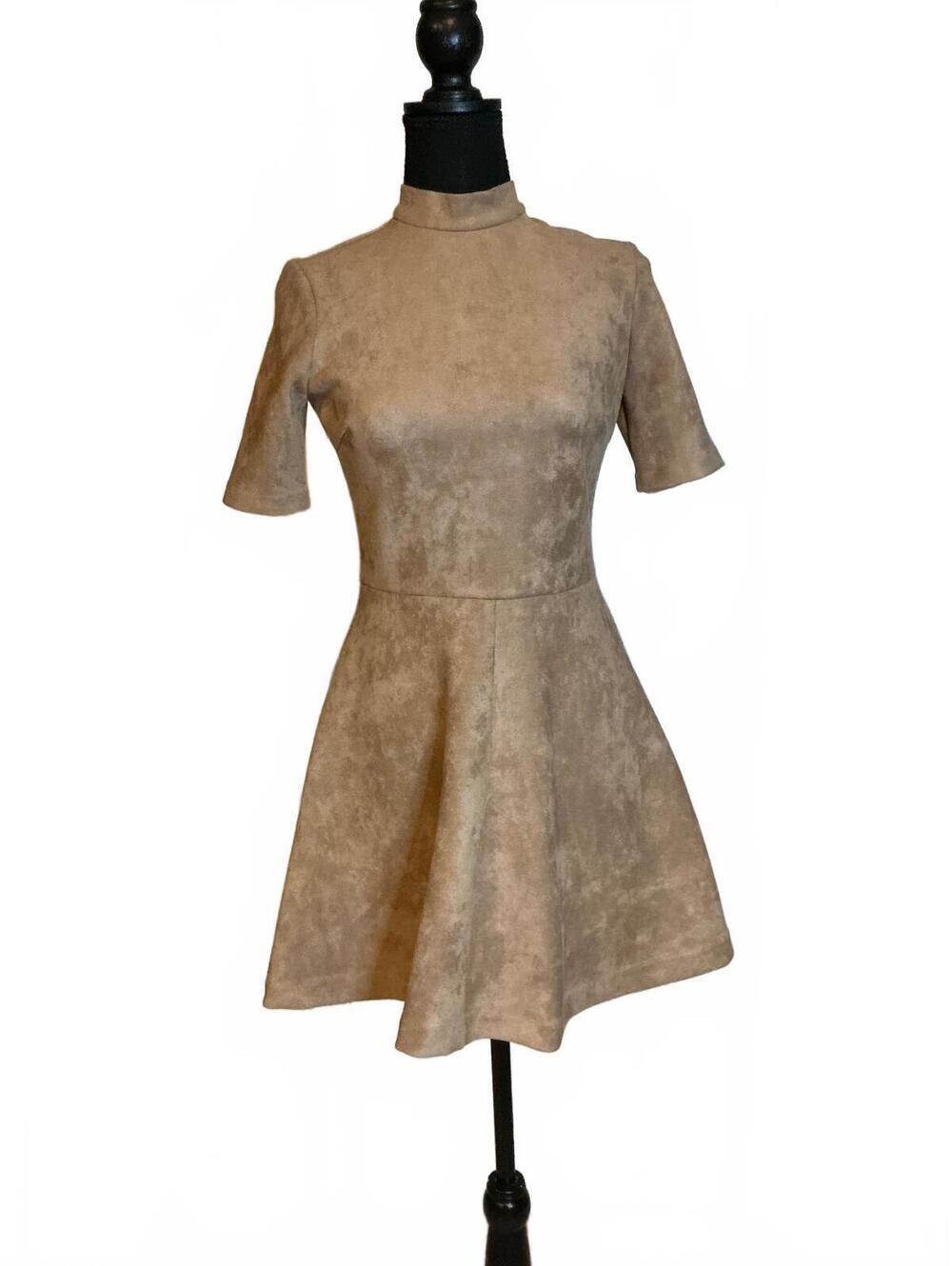 Alexia Admor Faux Suede Fit & Flare Dress Camel Short Sleeve